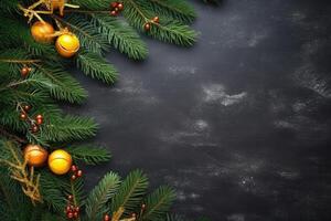 Navidad decoración, Navidad luces con abeto ramas en un negro texturizado antecedentes. generativo ai foto