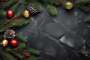 Christmas decoration, christmas lights with fir branches on a black textured background. photo