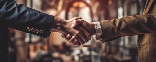 Business people shaking hands in an office. Soft focus. photo