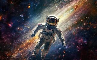 Astronaut in space in a wide angle photo with