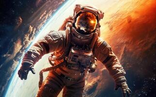 Astronaut in space in a wide angle photo with