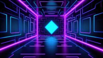 The front door of a room with fluorescent beams of light. Futuristic geometric abstraction, neon lights background. photo