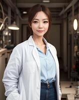 asian woman researcher scientist wearing lab coat, photo