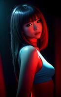 beautiful asian woman in lightweight armor with mixed color blue and red light, photo