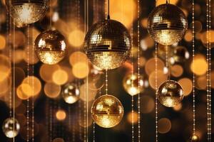 Disco balls image in gold on golden background. photo