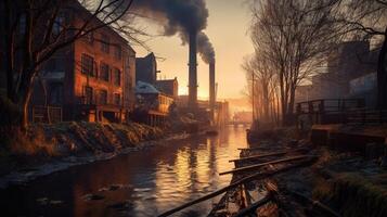 An industrial site at sunset with water and smoke. Photo that draws attention to air pollution.