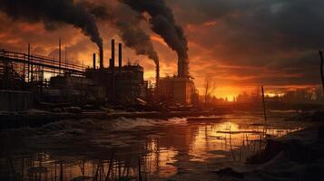 An industrial site at sunset with water and smoke. Photo that draws attention to air pollution.