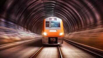 A train speeding through a tunnel with motion. Generative AI photo