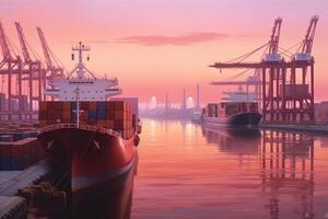 envase buques atracado en un Puerto a puesta de sol. generativo ai foto