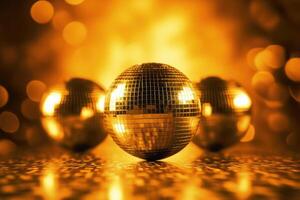 Disco balls image in gold on golden background. photo