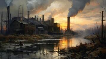 un industrial sitio a puesta de sol con agua y fumar. foto ese sorteos atención a aire contaminación. generativo ai