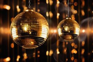 Disco balls image in gold on golden background. photo