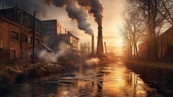 un industrial sitio a puesta de sol con agua y fumar. foto ese sorteos atención a aire contaminación. generativo ai