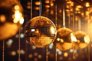 Disco balls image in gold on golden background. photo