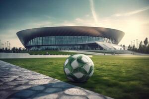 fútbol pelota en frente de el estadio. generativo ai foto