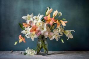 un ramo de flores de flores en un mesa. linda y suave vistoso flores generativo ai foto