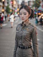 hermosa asiático Tailandia policía mujer a calle, generativo ai foto