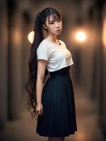 hermosa Adolescente asiático mujer a calle noche, generativo Arte por ai foto