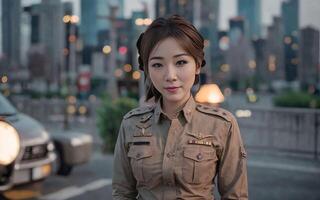retrato de hermosa tailandés asiático policía mujer vistiendo uniforme, generativo ai foto