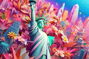 multi dimensional papel Kirigami artesanía, papel arte, estatua de libertad nuevo York ilustración. generativo ai foto