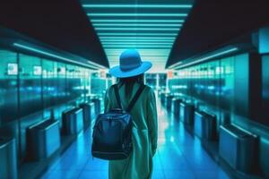 un mujer caminando en un aeropuerto con un mochila. espalda ver foto. generativo ai foto