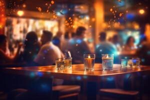 Blurred background of people sitting at restaurant. Bar or night club with lights bokeh. photo