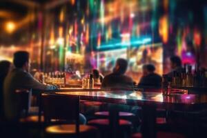 Blurred background of people sitting at restaurant. Bar or night club with lights bokeh. photo