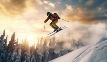esquiador saltando en un Nevado montaña. generativo ai foto
