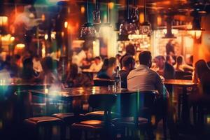 Blurred background of people sitting at restaurant. Bar or night club with lights bokeh. photo