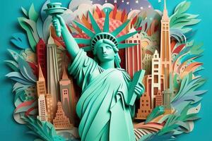 multi dimensional papel Kirigami artesanía, papel arte, estatua de libertad nuevo York ilustración. generativo ai foto