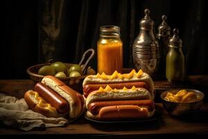 A tray with hotdogs on a wooden surface. photo