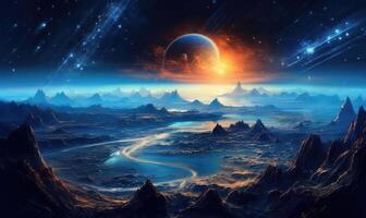 Space planets and stars in space. 3d landscape photo. photo