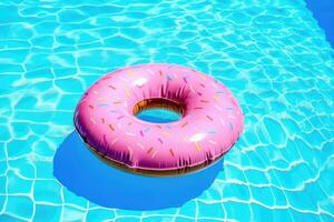 rosado rosquilla flotador en nadando piscina. generativo ai foto