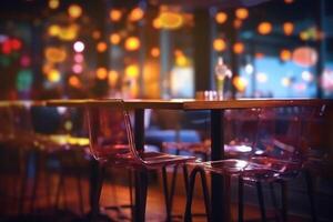 Blurred background of people sitting at restaurant. Bar or night club with lights bokeh. Generative AI photo
