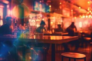 Blurred background of people sitting at restaurant. Bar or night club with lights bokeh. photo