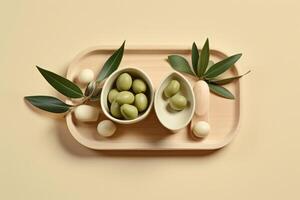 Mockup of olive and olive oil bottle on a soft background. photo