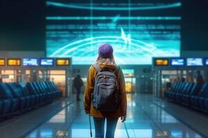 un mujer caminando en un aeropuerto con un mochila. espalda ver foto. generativo ai foto