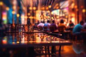 Blurred background of people sitting at restaurant. Bar or night club with lights bokeh. photo