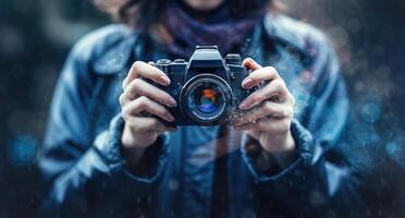 Woman is holding a camera in her hands. photo