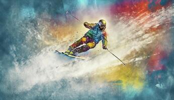 esquiador saltando en un Nevado montaña. generativo ai foto