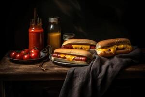 A tray with hotdogs on a wooden surface. photo