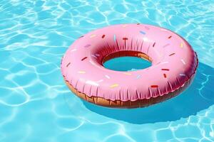 Pink donut float in swimming pool. photo