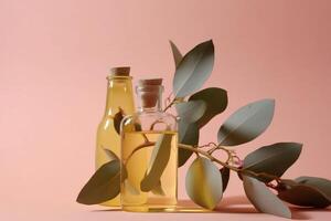 Essential oil bottle mockup and eucalyptus leaves on a yellow background. photo