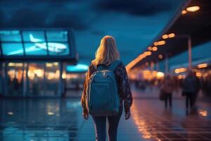 un mujer caminando en un aeropuerto con un mochila. espalda ver foto. generativo ai foto