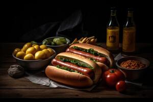 A tray with hotdogs on a wooden surface. photo