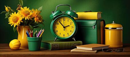 Pencils, backpack and more items on a green background. Back to school concept. photo