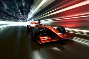 Red racing car in motion in a road. photo