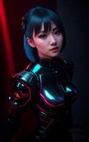 beautiful asian woman in lightweight armor with mixed color blue and red light, photo