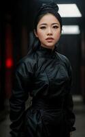 woman in black ninja suit at dark room, photo