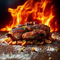 close up of food photography fried chicken stick with black background , photo